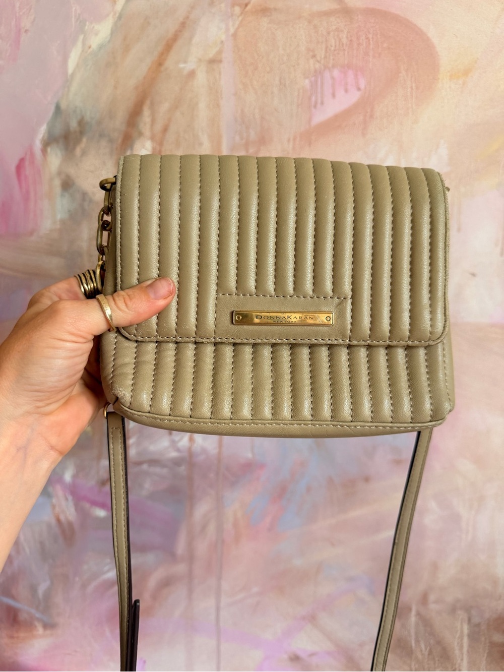 Donna Karan Taupe Quilted Crossbody Bag with Gold Plate